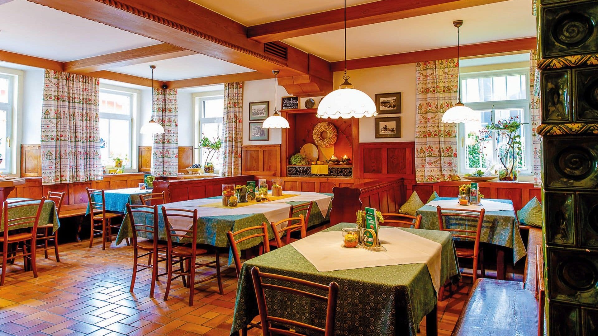 Traditional inn with wooden furniture and set tables