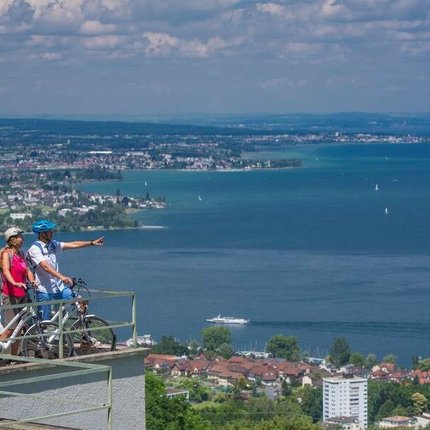 Two cyclists on balcony overlooking lake and city