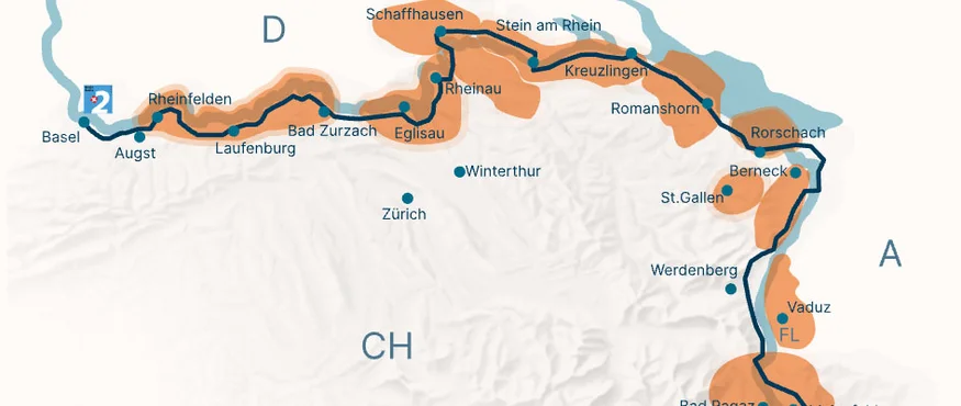 Kaart van treinroute van Basel naar Andermatt door Zwitserland met haltes