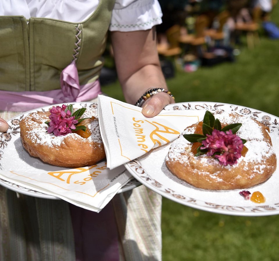 Person holding plates with traditional cake topped with powdered sugar and flower