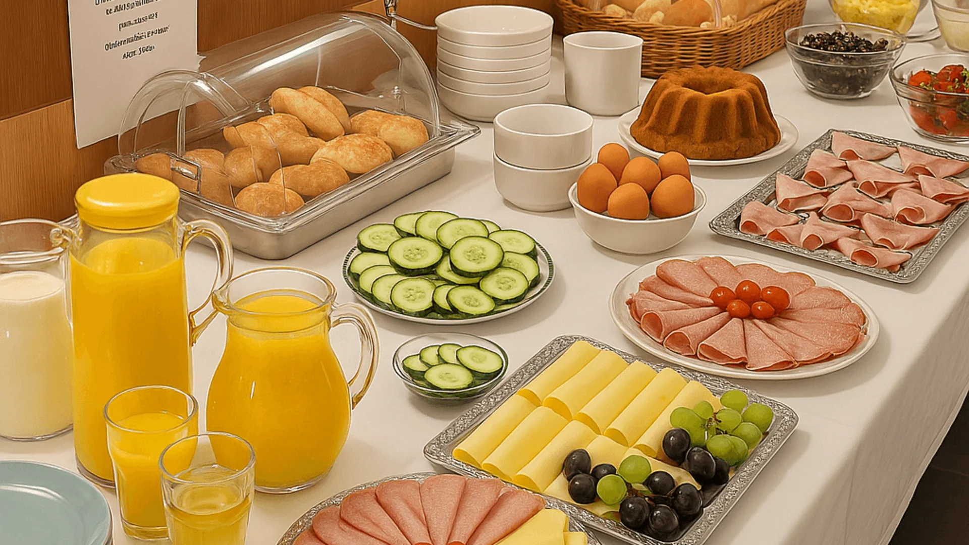 Buffet mit Aufschnitt, Käse, Brötchen, Gurkenscheiben, Eiern, Kuchen und Säften