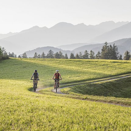 Two cyclists ride on a path through green fields with mountains in the background