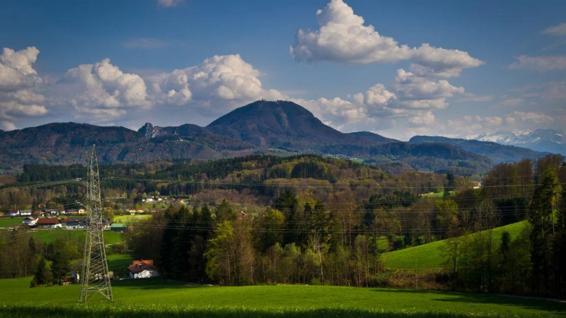 Tour-Detail © Gerald Fimberger Grüne Wiesen, bewaldete Hügel und ein Berg unter bewölktem Himmel