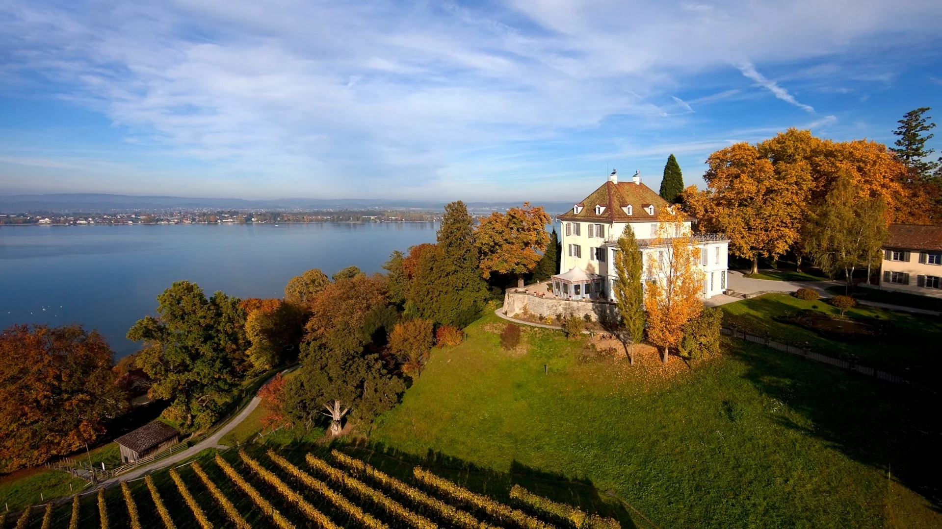 Zicht op een kasteel bij het meer in de herfst met kleurrijk gebladerte en wijngaarden