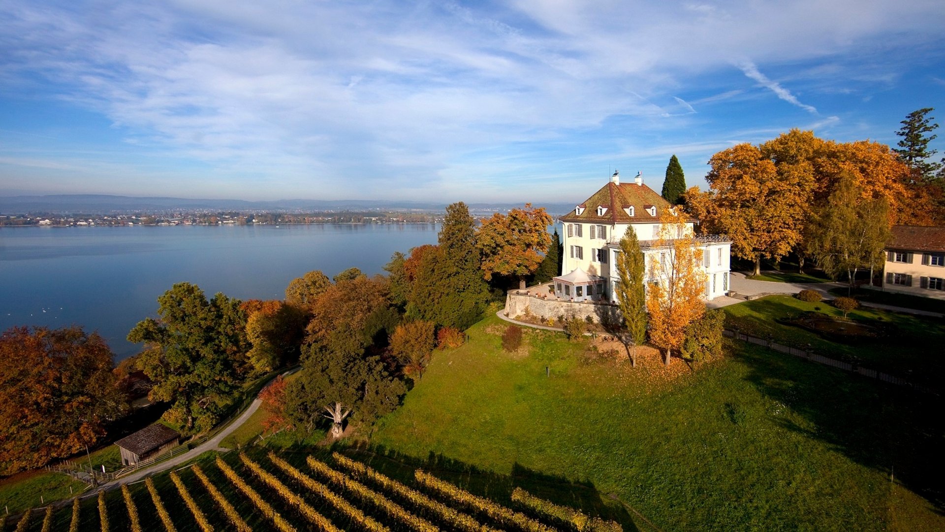 View of a castle by the lake in autumn with colorful foliage and vineyards