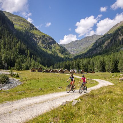 Two cyclists on gravel path in mountain valley with wooden cabins and pine trees