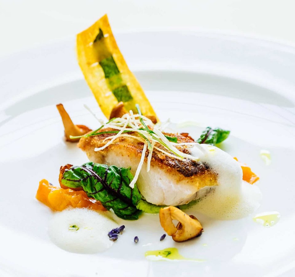 Gourmet fish fillet with vegetables and foam on a white plate