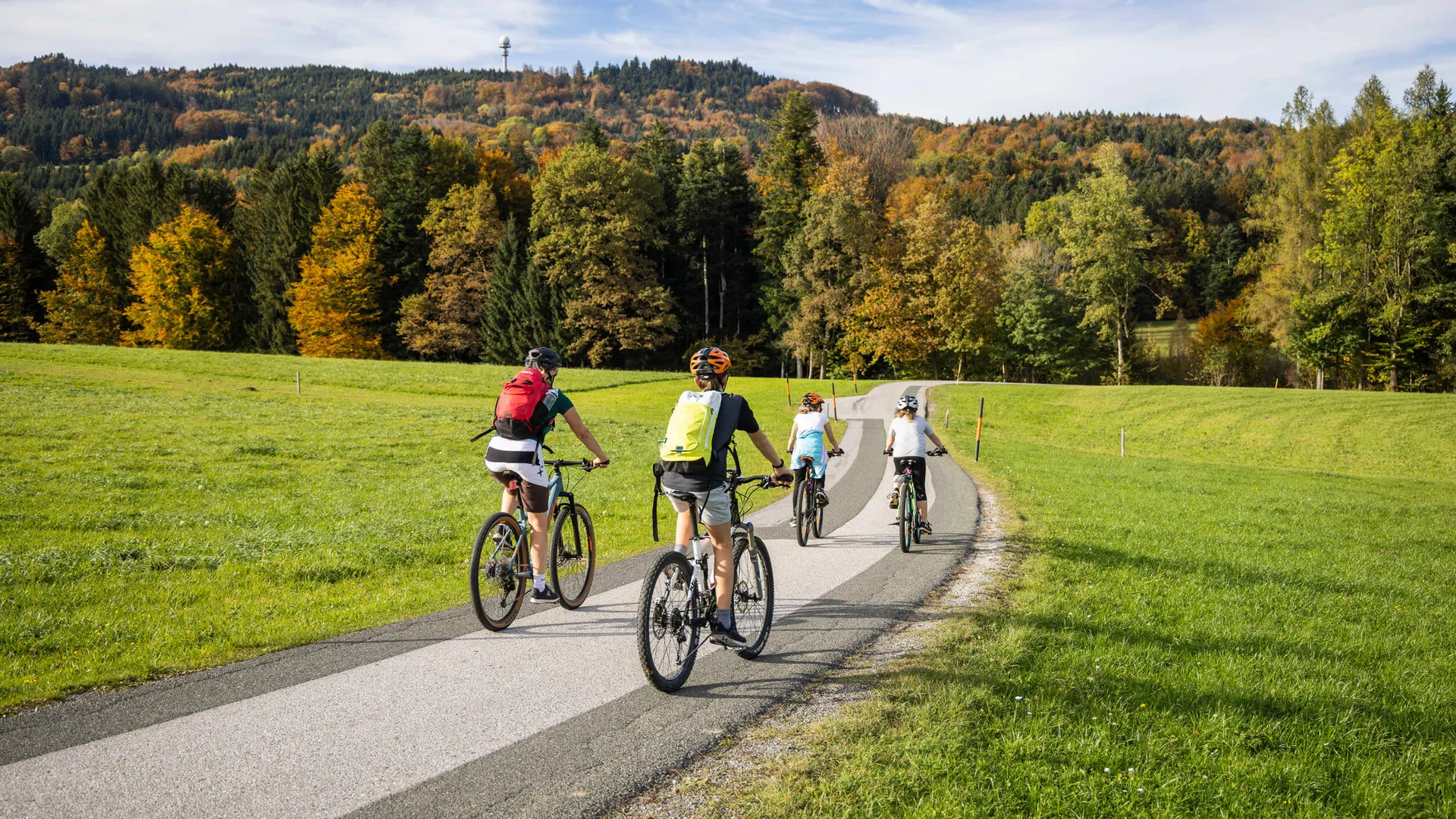 Maunzteufltour © Heiko Mandl Vier Radfahrer fahren auf einer Landstraße durch eine grüne und herbstliche Landschaft