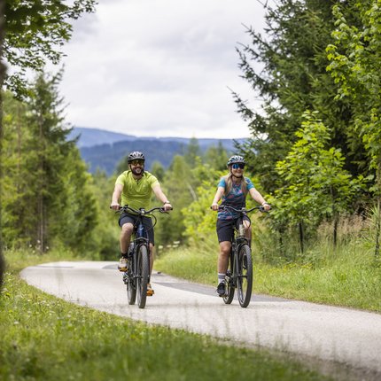 Two cyclists riding on a rural road through a green forest