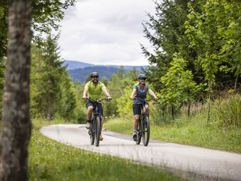Two cyclists riding on a rural road through a green forest
