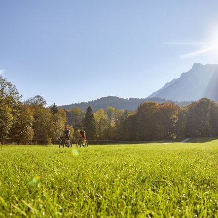 Two cyclists on green field with mountains and sun in background