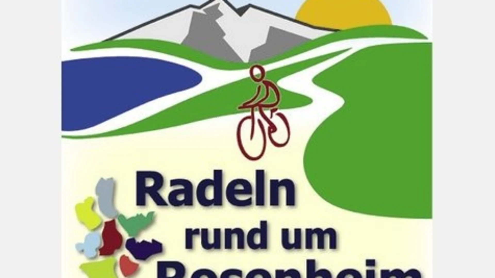 Logo Radeln rund um Rosenheim mit Berg, See, Sonne und Fahrradfahrer