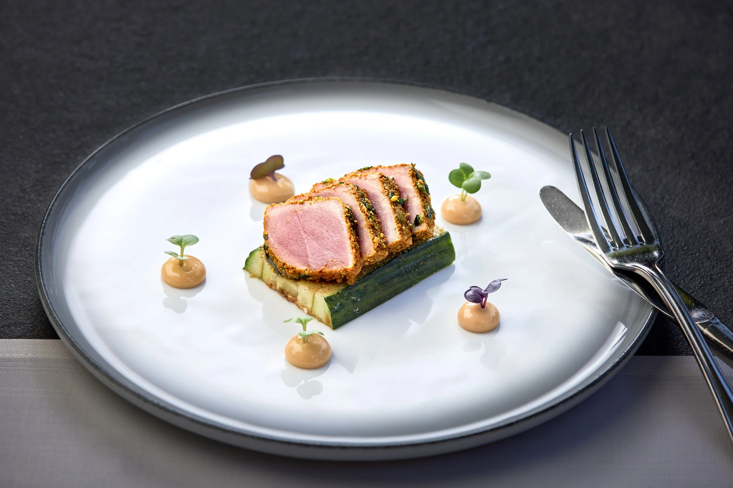 Kulinarik © Michael Huber Fotographie Fein angerichtetes Gericht mit Scheiben von rosa gebratenem Fleisch auf Gurke und Saucenpunkten