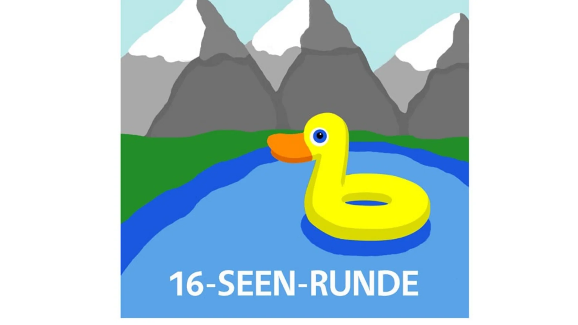 Gelber Enten-Schwimmring auf See mit Bergen im Hintergrund
