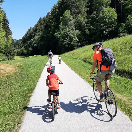 Familie met kinderen fietst op een bospad bij zonnig weer