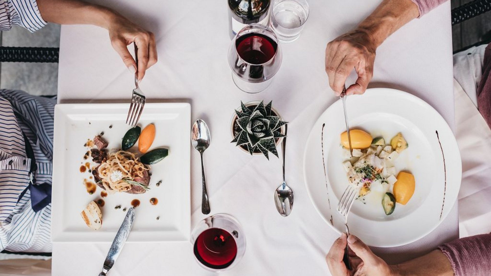 Two people dining with gourmet dishes and red wine on a white tablecloth