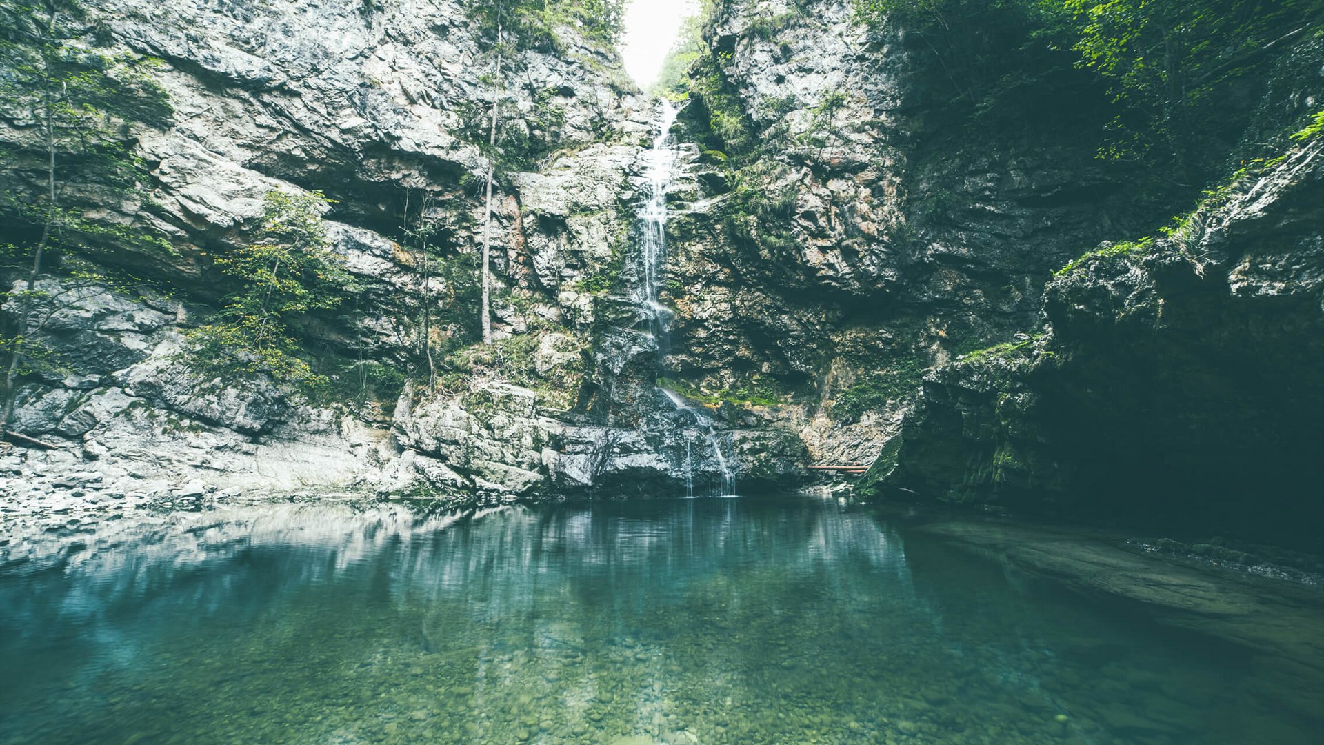 Clear mountain spring with waterfall in rocky landscape and green forest