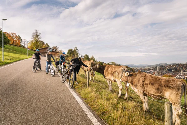 St.Gallen: Radurlaub im Herzen des UNESCO Welterbe © Giglio Pasqua Fahrradfahrer berühren Kühe neben Landstraße im ländlichen Gebiet
