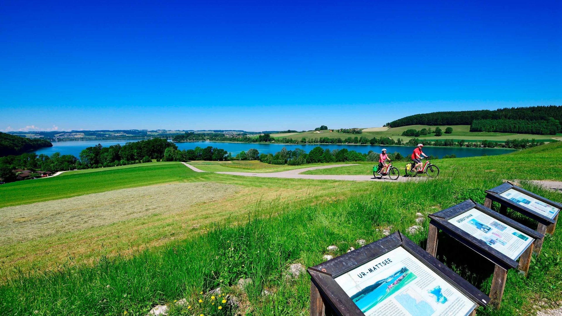 Tannberg Radrunde © Salzburger Seenland - Norbert Eisele-Hein Zwei Radfahrer auf einem Weg mit Blick auf einen See und Info-Tafeln auf einer grünen Wiese