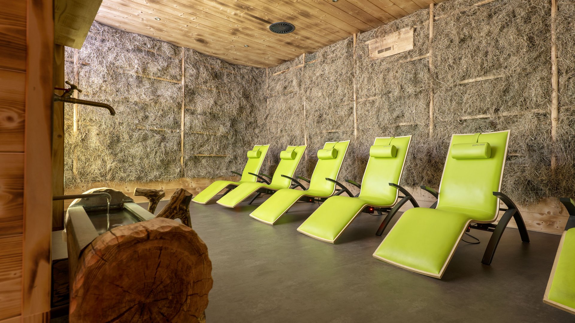 Relaxation room with green lounge chairs and natural wall decor