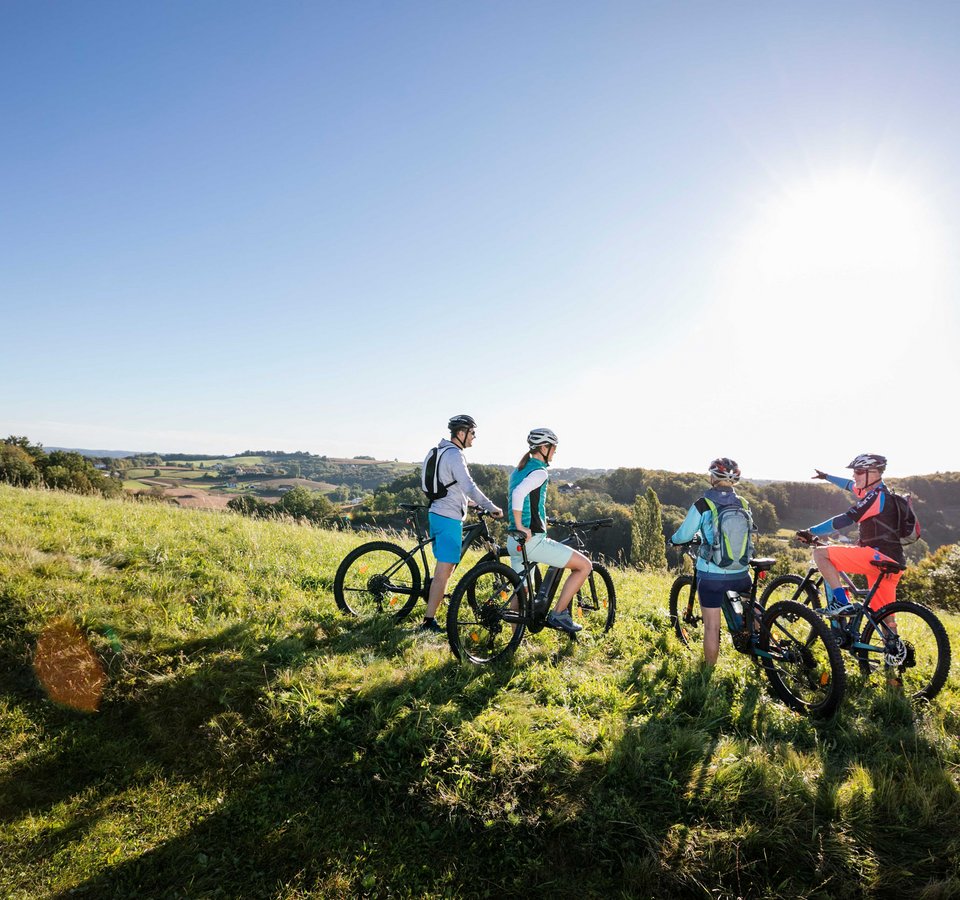 Vier Radfahrer stehen auf einer grünen Wiese bei sonnigem Wetter