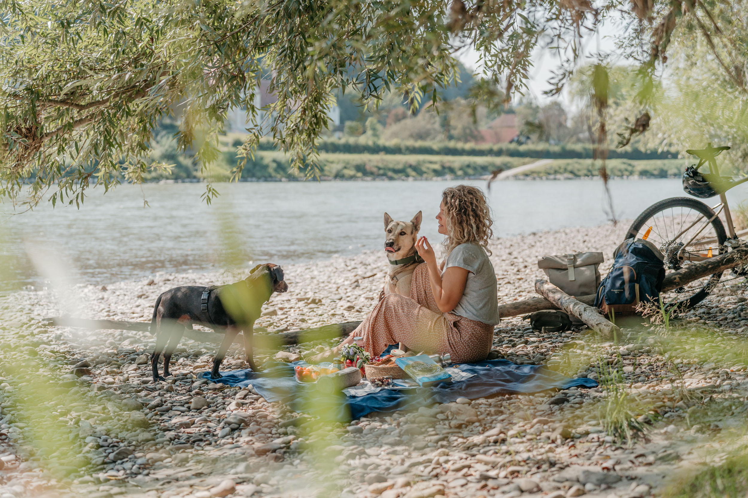 Frau picknickt mit zwei Hunden an einem Fluss unter schattigen Bäumen