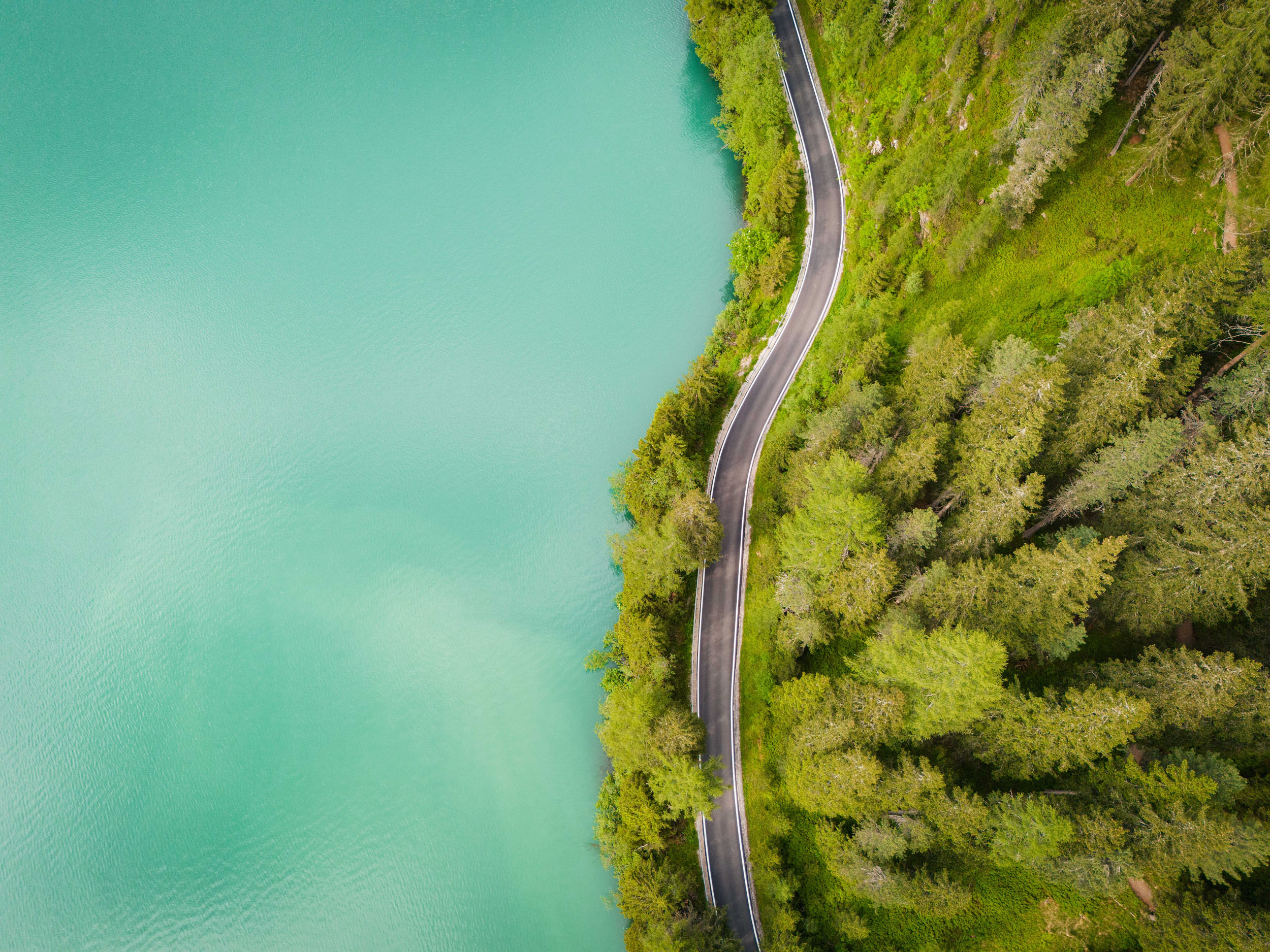 Aerial view of a winding road beside a green forest and turquoise lake