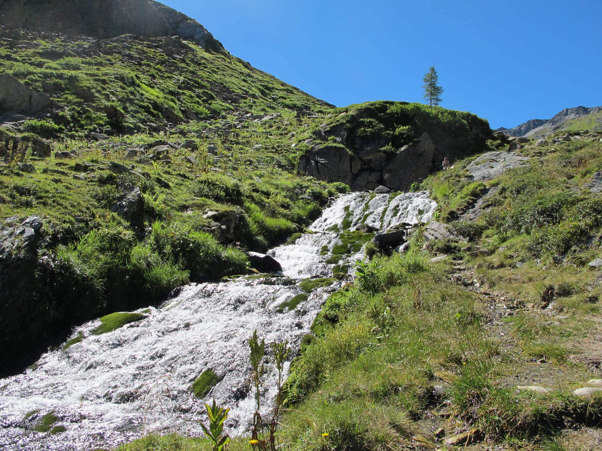 Bergbach mit Wasserfall und grünen Wiesen unter klarem blauen Himmel