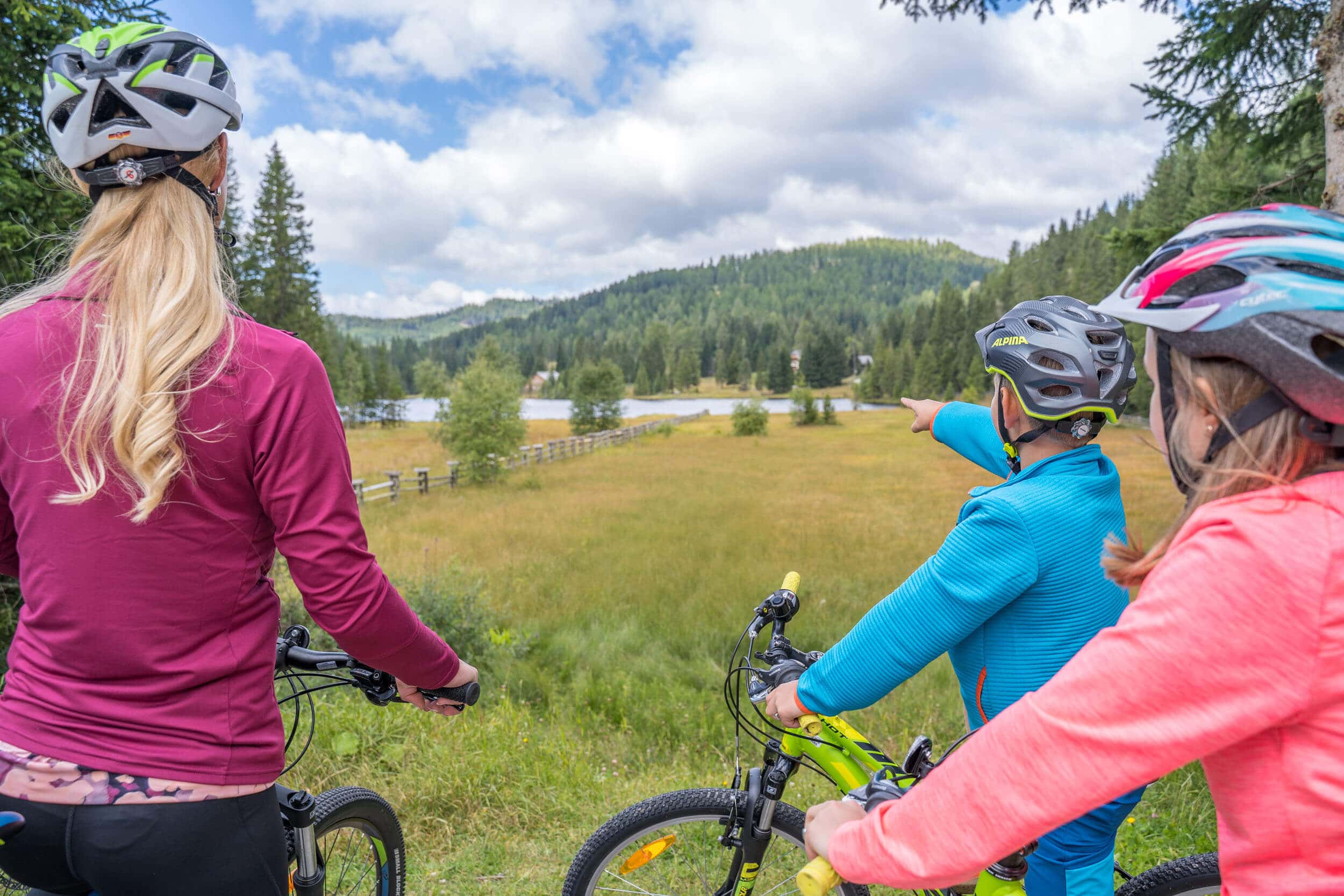 Familie mit Fahrrädern genießt Aussicht auf Wald und See bei sonnigem Wetter