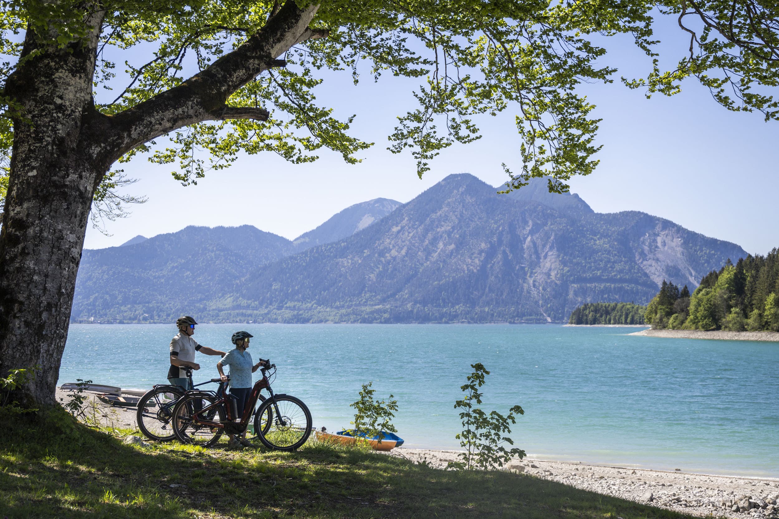 Zwei Radfahrer stehen unter einem Baum am See mit Blick auf Berge