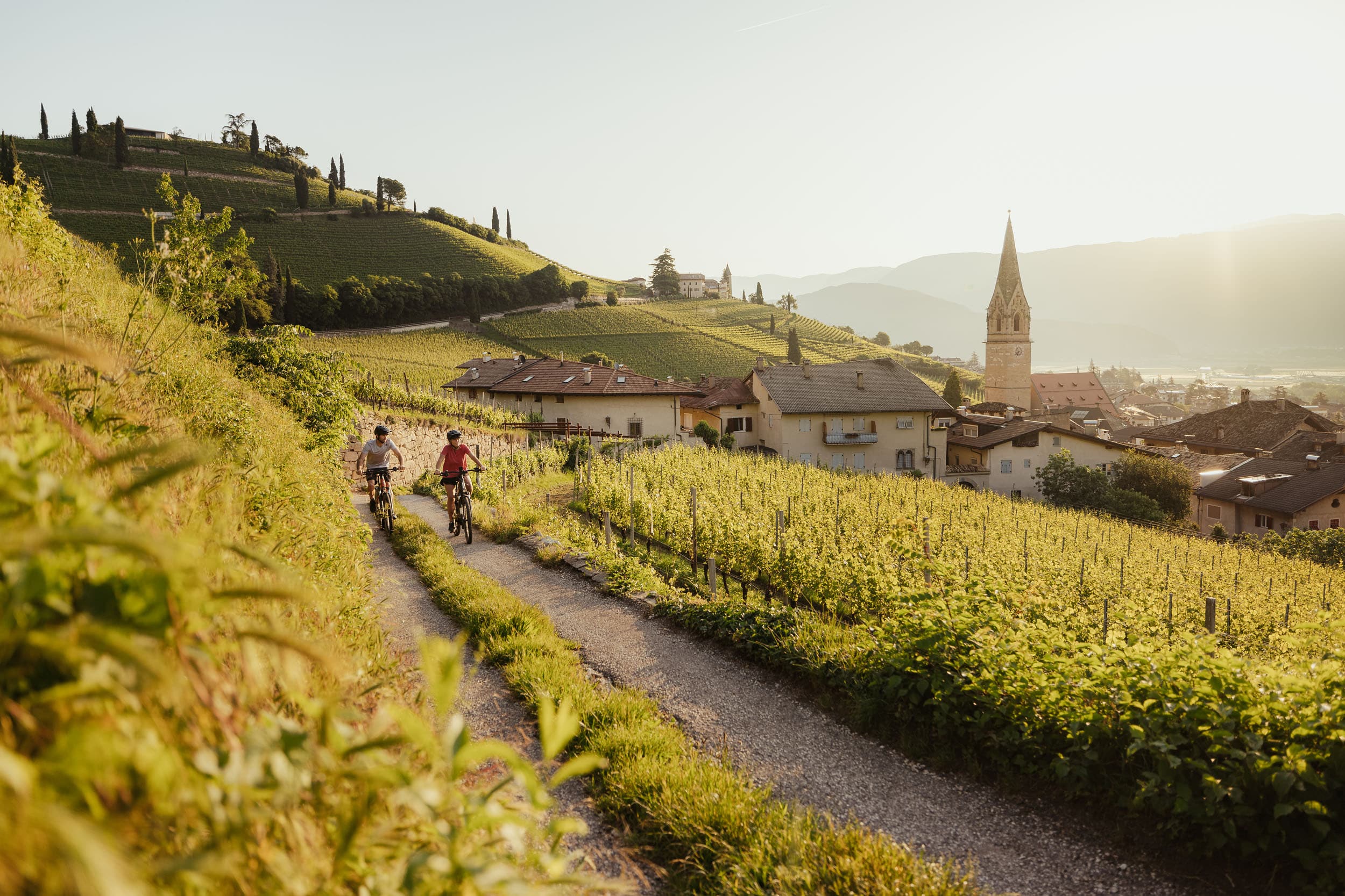 Zwei Radfahrer auf einem Weg durch Weinberge bei Dorf und Kirche im Sonnenlicht